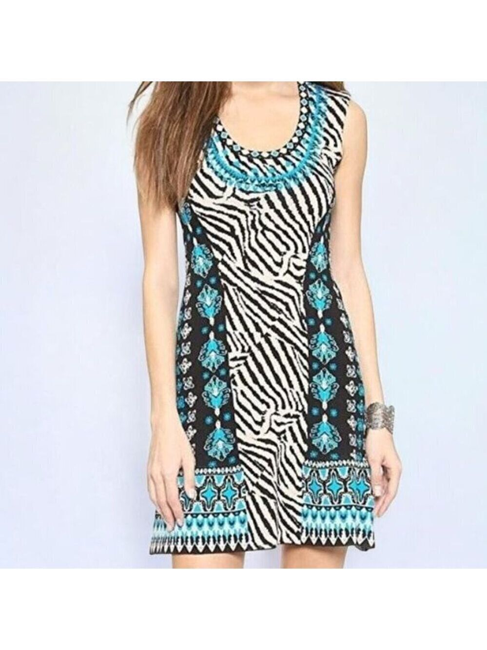 Nanette Lepore Safari Floral Zebra Lagoon Multi Sleeveless Knit Sheath - Large